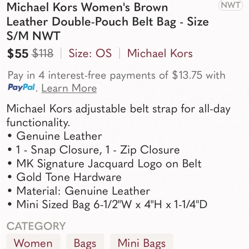 NWT Michael Kors Womens Brown Leather Double Pounch bag on belt. - Picture 4 of 10